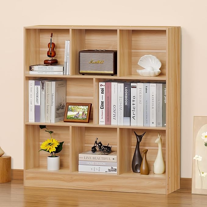 LEYAOYAO 8 Cube Bookshelf with Wood Base,Natural 3 Tier Mid-Century Modern Bookcase,Standing Wide Bookshelves Storage Organizer Shelf,Rustic Display Cabinet Book Shelves for Bedroom,Living Room