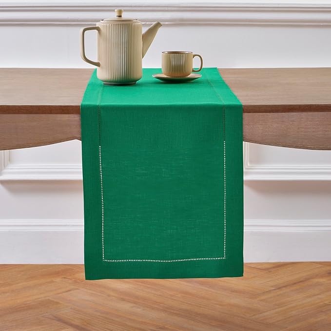 Solino Home Linen Hemstitch Table Runner 108 Inches Long - 100% Pure Linen Emerald Green Table Runner 14 x 108 Inch - Classic Hemstitch
