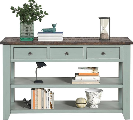 Solid Wood Console Table Sofa Table with Storage Drawers and Bottom Shelf Entryway Table for Entry Hallway Foyer Sofa Couch Table,Fully Assembled (48.8" Green)