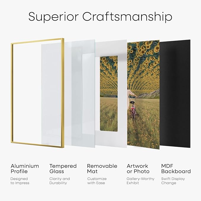 Homeforia 8x10 Picture Frame Gold, High End Metal 8 x 10 Photo Frames with Mat 5 by 7 Art, 10x8 Poster Frame Matted to 5x7 inch Print, 8by10 Wall or Tabletop Frames, Tempered Glass, Wall Kit, Set of 1