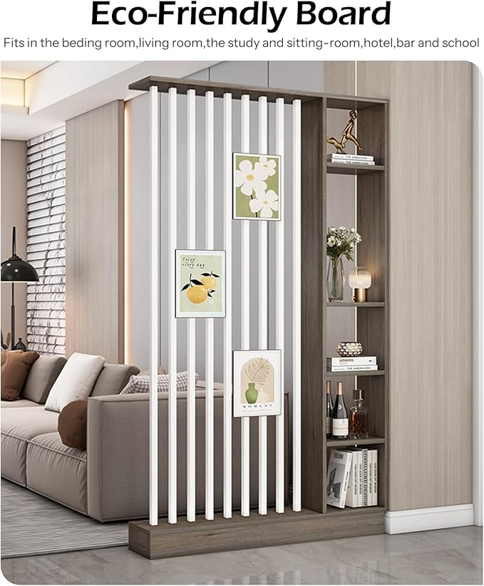 Wall Room Divider, Storage Cabinet Storage Display with Shelves, Modern Freestanding Wood Room Divider Screen, Wall Privacy Screens for Home Decorative (Grey Oak+White,47" L x 9.5" W x 79.5" H)