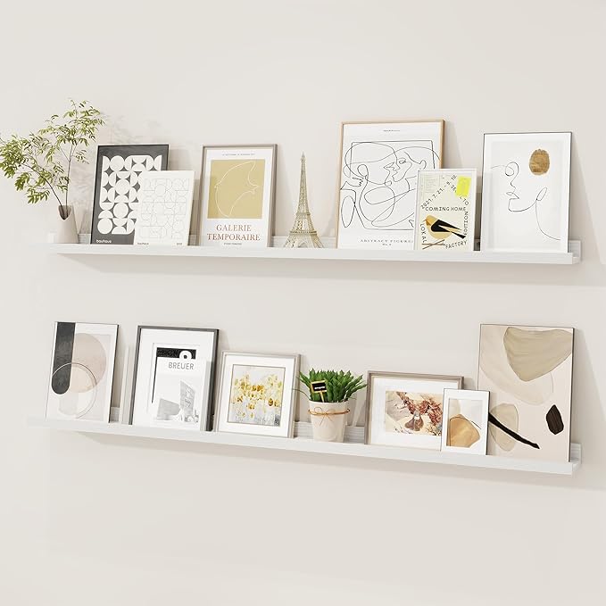 Picture Ledge Shelf, Solid Pine Wood Floating Shelves Set of 2, 48 Inches Nursery Book Shelves for Toys Storage, Kids Bookshelf Wall Mounted for Living Room Bedroom Decor Books Photo Frames, White