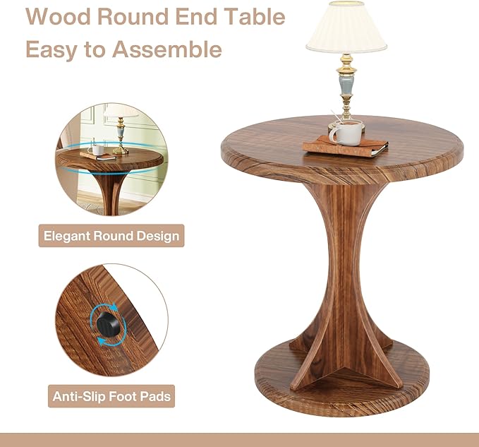 Tribesigns Round End Side Table: Wood Small Sofa Chair Side Table for Living Room, Mid-Century Bedside Nightstand for Bedroom, Accent Table, Easy Assembly, Vintage Brown