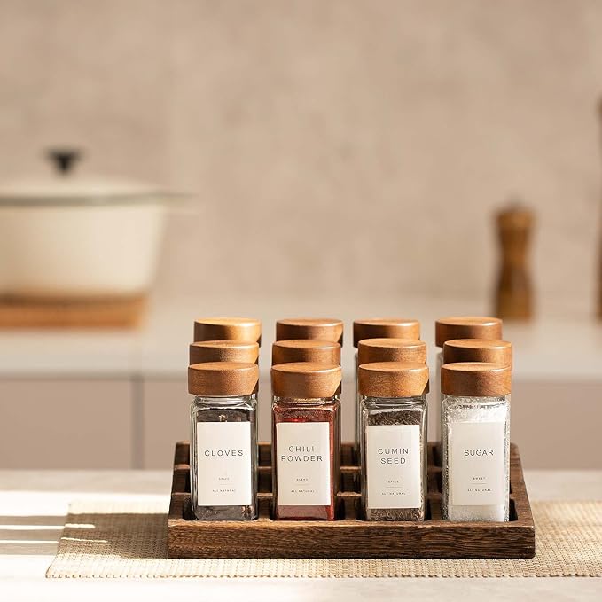 Yangbaga 24Pcs Glass Spice Jars with Labels-4oz Acacia Wood Lid Square Spice Containers and 2pcs Rack with Pepper Grinder Lids &Funnel,Seasoning Jars for Rack Cabinet Drawer