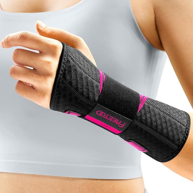 FREETOO Carpal Tunnel Wrist Brace Night Support Fit Left Hand for Work, Pain Relief Wrist Splint for Tendonitis, Sprain, Strain, Rigid Hand Brace for Arthritis for Women and Men (XS, Black/Pink)