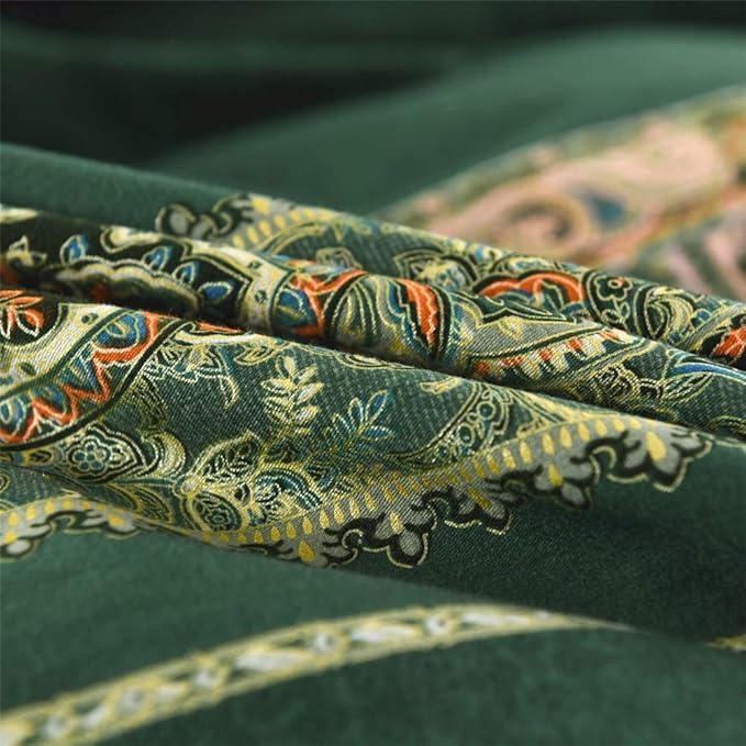 ABREEZE Bohemian Vintage Queen Size Floral Cotton Bedding Set 3Pcs Duvet Cover Set Boho Green Paisley 100% Egyptian Brushed Cotton Reversible Home Bedding Collection