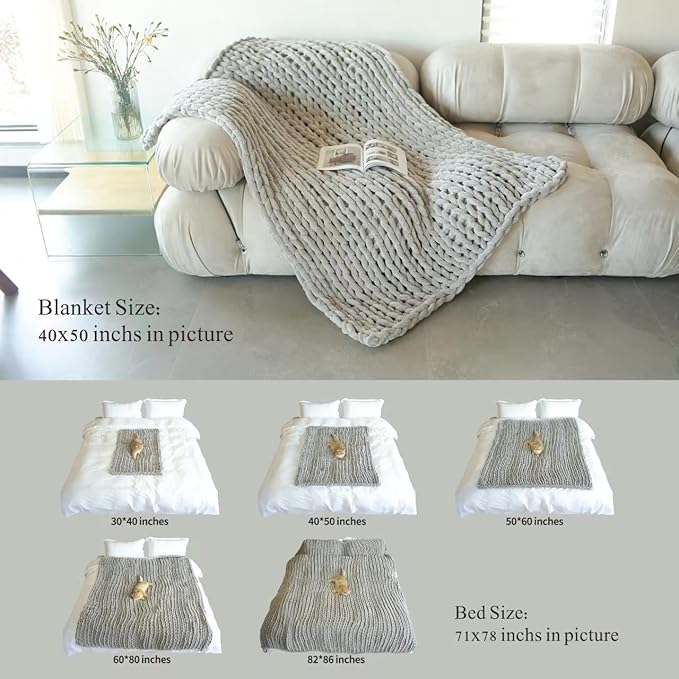 Maetoow Chenille Chunky Knit Blanket Throw （40×50 Inch）, Handmade Warm & Cozy Blanket Couch, Bed, Home Decor, Soft Breathable Fleece Banket, Christmas Thick and Giant Yarn Throws, White