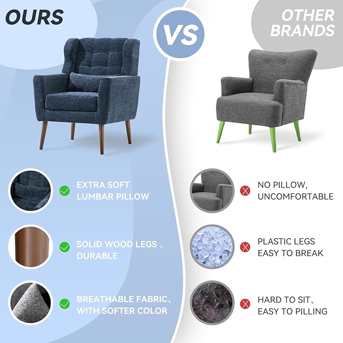 Accent Chair Set of 2, Upholstered Armchair with Pillow, Fabric Single Sofa Chair with Lounge Seat and Wood Legs Accent Chair for Living Room Small Spaces (Dark Blue, Set of 2)