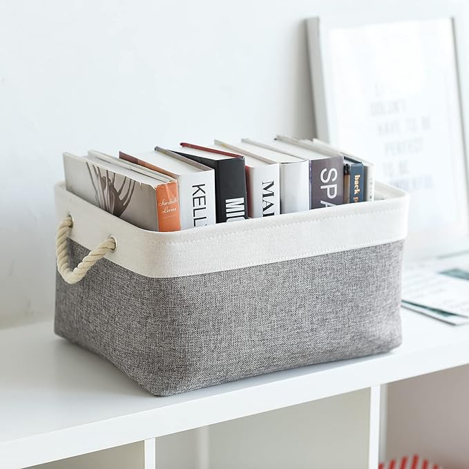 TcaFmac Collapsible Storage Bins for Organization - Large 3 Pack Canvas Storage Basket for Shelves, Organizer Baskets for Organizing for Closet Cloth Dog Toy Baby (White & Grey 16x12x8 inch)