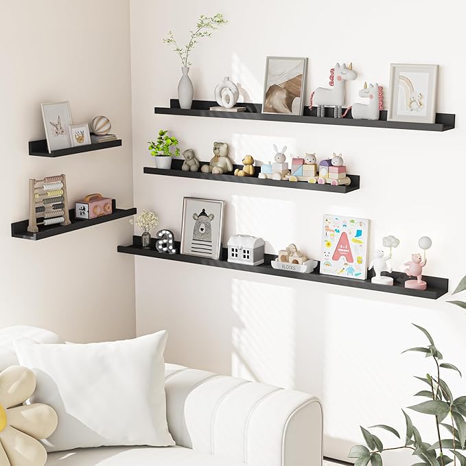 Heimlove Picture Ledge Shelf, Floating Shelves Set of 2, 48 Inches Picture Shelf for Wall with Ledge, Kids Bookshelf Wall Mounted for Living Room Bedroom Decor Books Photo Frames, Black