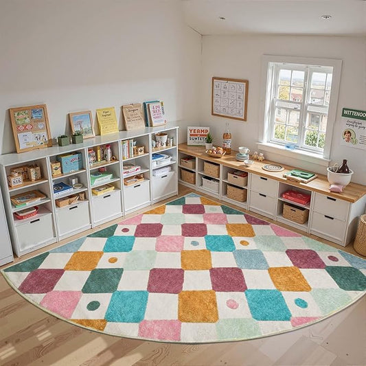 jinchan Kids Rug for Classroom 8ft Radius Corner Washable Area Rug Modern Colorful Quarter Circle Rug Soft Non-Slip Carpet for Nursery Playroom Daycare Reading Nook Living Room Confetti on Cream