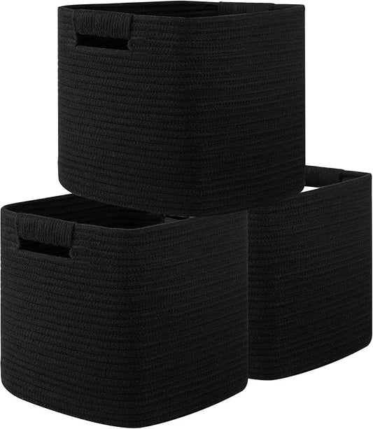 OIAHOMY Storage Cubes 11 Inch Storage Bins-3-Pack, Cotton Rope Woven Baskets for Organizing, Square Storage Baskets for Shelves Organizer, Classroom, Kids Toy Bins, Closet, Baby Nursery-Black