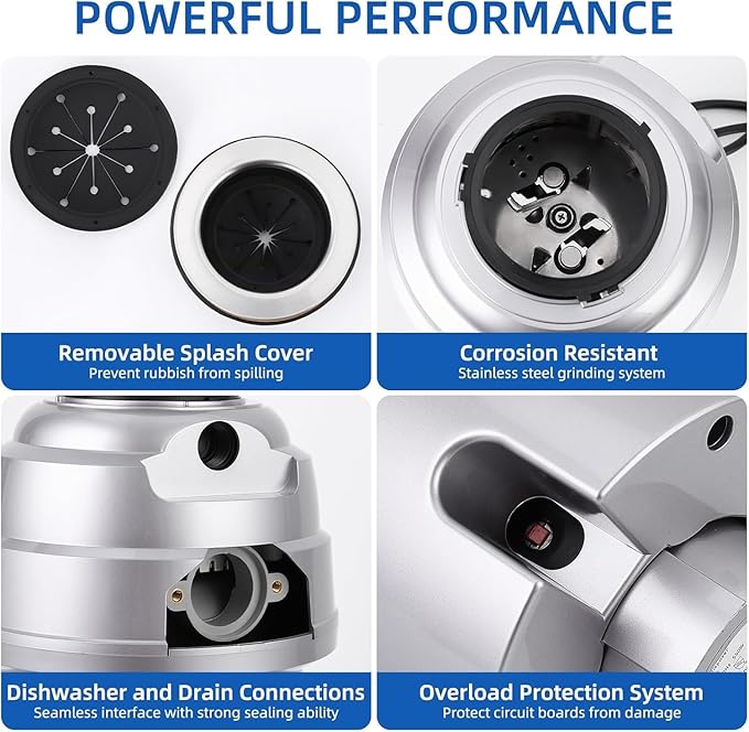 Powerful 1HP Stainless Steel Garbage Disposer, Dishwasher-Friendly and Continuous Feeding Waste Disposer, Grinding Material Four-Stage Grinding, Silver