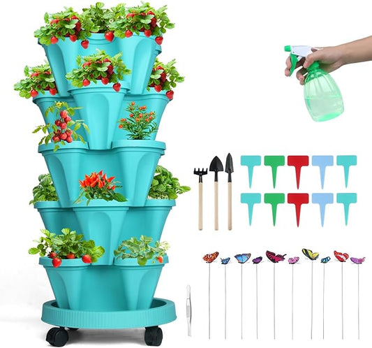 Vertical Planter, 5 Tier Stackable Strawberry Planter with Garden Tool Set, Movable Indoor/Outdoor Garden Herb Pot for Growing Vegetables and Succulents, Teal
