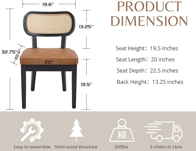 EALSON Mid Century Modern Rattan Dining Chairs Set of 2 Farmhouse Black Wood Kitchen Chairs with Cane Back Leather Upholstered Accent Armless Chairs for Dining/Living Room Restaurant, Brown