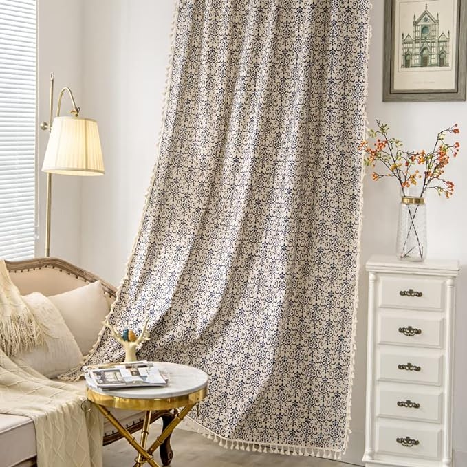 Sutuo Home Boho Curtain 84 Inches Length Semi-Blackout Bohemian Damask Moroccan Florals Print Darkening Curtains Tassels, Rod Pocket Window Treatment Drapes for Bedroom, 1 Panel 59" W x 84" L, Blue