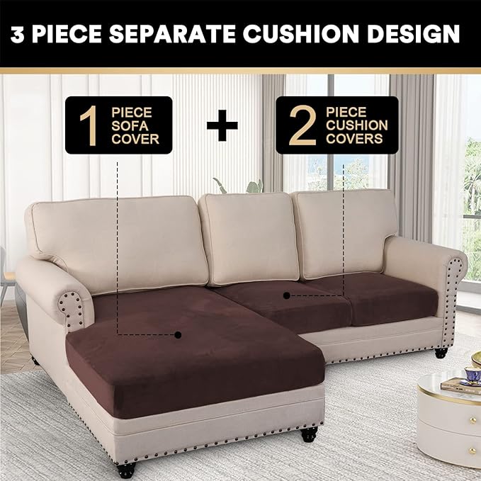 PrinceDeco Sectional Couch Covers 3 Pieces Velvet Sofa Covers L Shape Soft Couch Covers for Sectional Sofa Corner Sofa Cover Couch Cover for Dogs Washable (2 Seater + 1 Chaise,Brown)