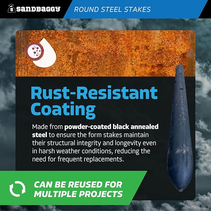 Sandbaggy Round Steel Concrete Form Stakes with Nail Holes - Rust Resistant Coating - Removable, Reusable (80, 3/4 in X 12 in)