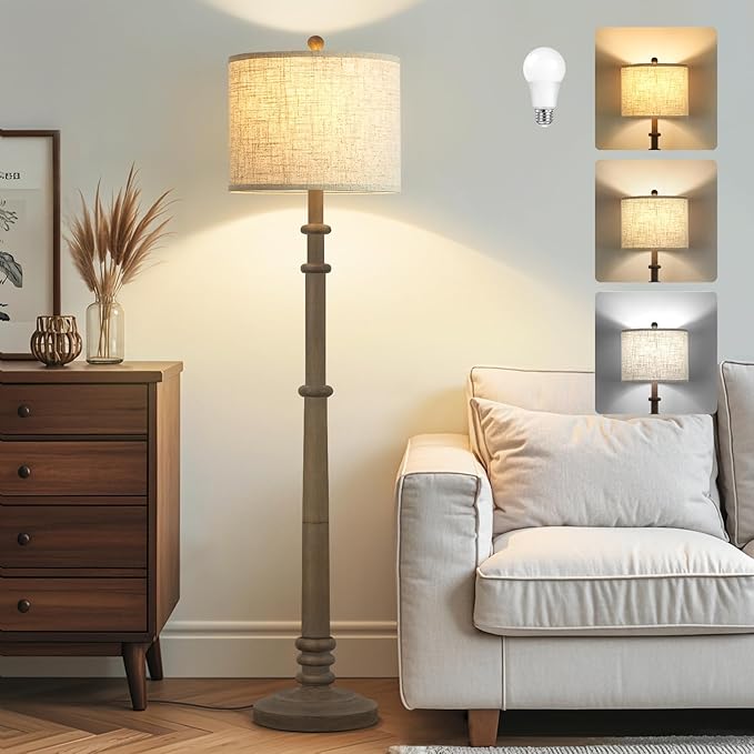 Floor Lamps for Living Room - 60" Resin Farmhouse Floor Lamp with 3 Color Temperatures - Vintage Standing Lamp Reading Light with Linen Shade Retro Tall Lamp for Bedroom Office, Grey