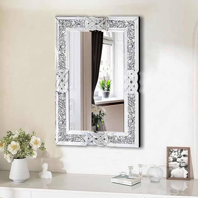 Crushed Diamond Decorative Wall Mirrors, 24x36 Inch Rectangle Living Room Mirrors for Wall Decor, Modern Glam Bathroom Dining Room Entryway Mirror Silver