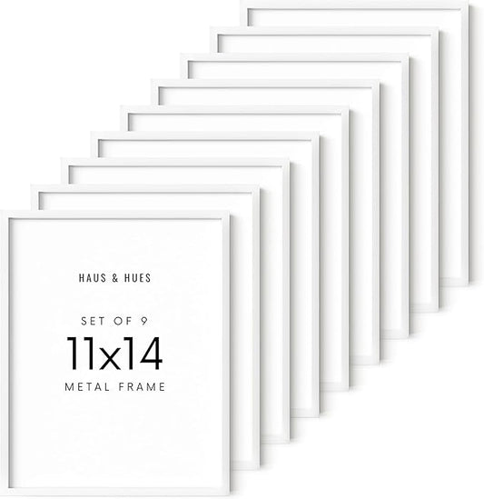 HAUS AND HUES 11x14 White Metal Picture Frames - Features Premium Aluminum, Vertical & Horizontal Hang, Shatterproof Plexiglass - Ideal for Home, Room, Office (11x14 in, White, Set of 9)