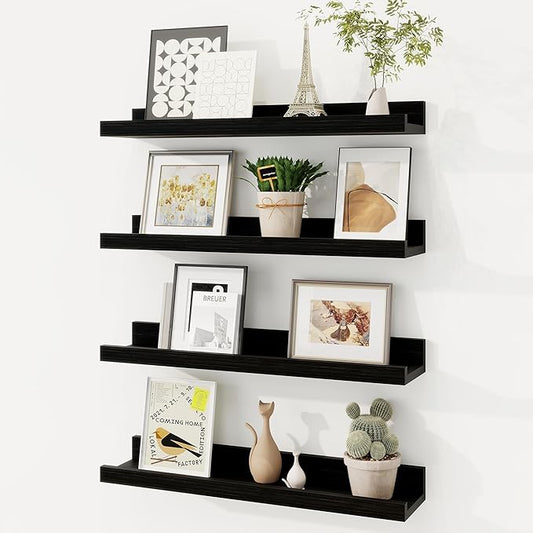 Picture Ledge Shelf, Solid Pine Wood Floating Shelves Set of 4, 16 Inches Nursery Book Shelves for Toys Storage, Kids Bookshelf Wall Mounted for Living Room Decor Photo Frames, Black