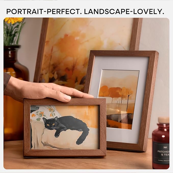 Homeforia 12x8 Picture Frame Brown, High End Dark Oak 8x12 Walnut Wooden Frames with Mat 6x8 Photo, 8 x 12 Wood Frame Matted to 6 by 8 Print, Wall or Tabletop Frame, Tempered Glass, Wall Kit, Set of 1
