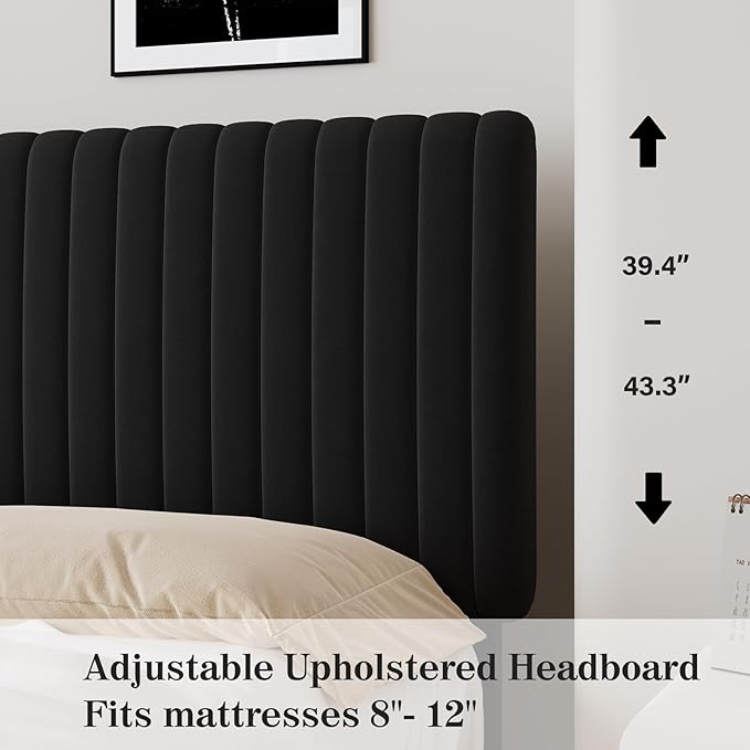 Twin Bed Frame, Velvet Upholstered Platform Bed with Vertical Channel Tufted Headboard and Footboard, No Box Spring Required, Easy Assembly, Black