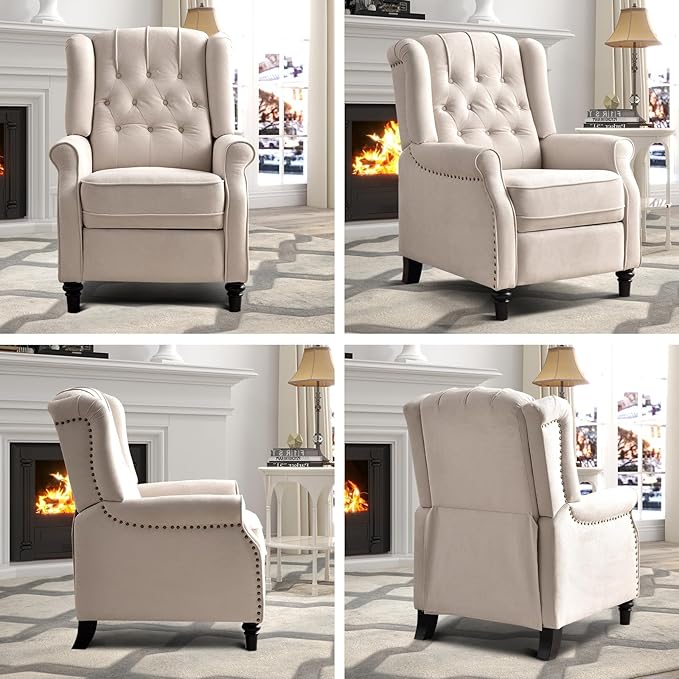 EBELLO Pushback Recliner Chair, Fabric Armchair Push Back Recliner with Rivet Decoration, Mid Century Wingback Accent Chair for Living Room, Bedroom, Beige