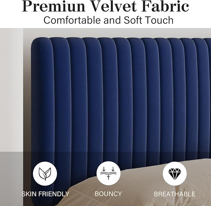 Full Size Bed Frame, Velvet Upholstered Platform Bed with Vertical Channel Tufted Headboard and Footboard, No Box Spring Required, Easy Assembly, Blue