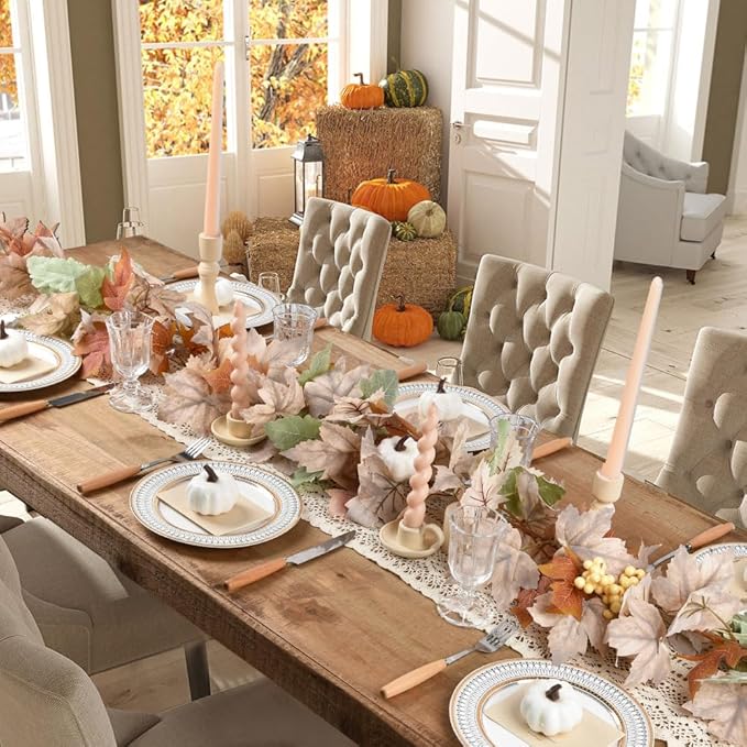 Lvydec 2 Pack Fall Maple Garland - 5.9ft/Piece Artificial Fall Foliage Garland Colorful Autumn Decor for Home Wedding Party (White&Green)