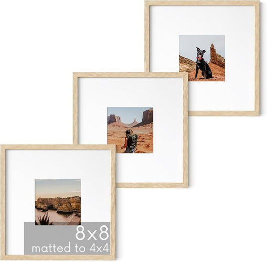 HAUS AND HUES Solid Oak Wood 8”x8” Picture Frames Matted to 4”x4” Set of 3-8x8 Standard Square Picture Frames, Natural Wood Picture Frames 8x8 Square, Matted Picture Frame 8x8 (Beige Oak Frames)