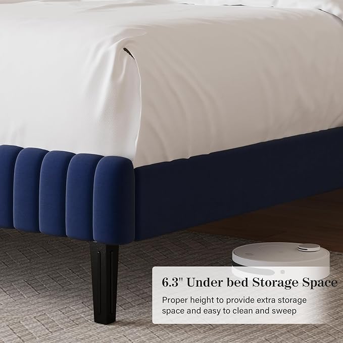 Queen Size Bed Frame with Headboard, Velvet Upholstered Platform Bed with Vertical Channel Tufted Design, No Box Spring Required, Easy Assembly, Blue