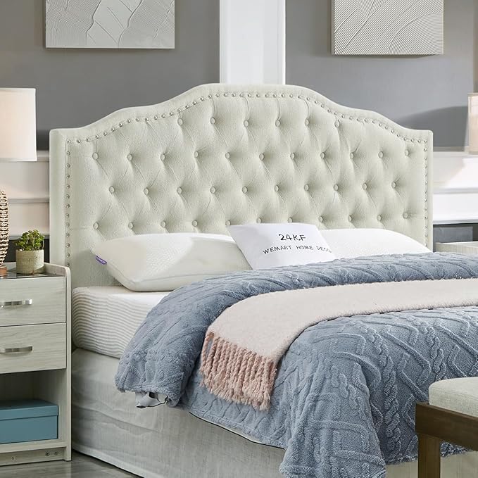 24KF Upholstered Button Tufted Queen Headboard with Nailhead Trim, Elegant Boucle Fabric Full headboard, 6031-Q-Boucle-Beige