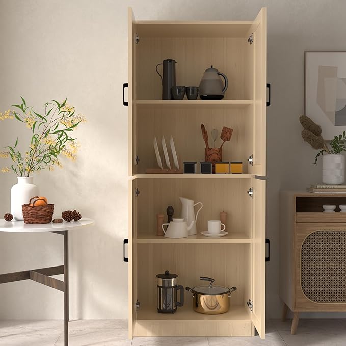 Oak Rattan Kitchen Pantry, 71" Tall Storage Cabinet with Doors, Boho Hutch for Dining Room