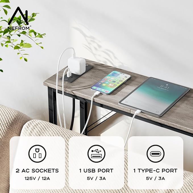 63'' Console Table, Skinny Entryway Table with Fast-Charging Station, Narrow Long Sofa Table, Behind Slim Couch Table for Entrance, Hallway, Living Room Decor ST-GY160-1