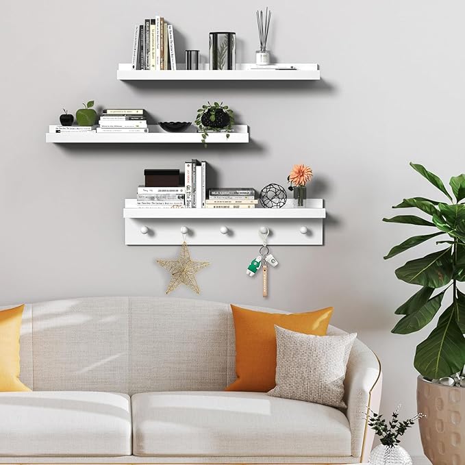 MBYD Picture Shelf Ledge, 24 Inch Floating Shelves for Wall, Nursery Book Shelves with Hooks Set of 3, Floating Shelf Wall Mounted for Bathroom,Kids Room, Living Room, Kitchen Bedroom White