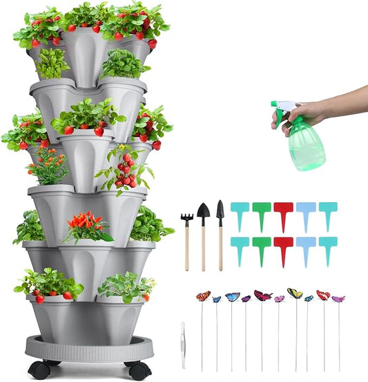 Vertical Planter, 6 Tier Stackable Strawberry Planter with Garden Tool Set, Movable Indoor/Outdoor Garden Herb Pot for Growing Vegetables and Succulents, Gray