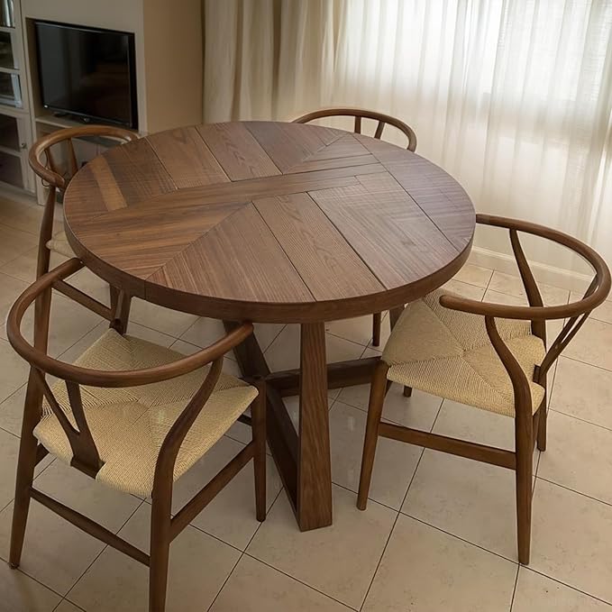 Wishbone Chair Natural Solid Wood Dining Chair/Hans Vegner Y Chair Rattan and Wood Accent Armrest Chairs Set of 4 (Ash Wood - Walnut)