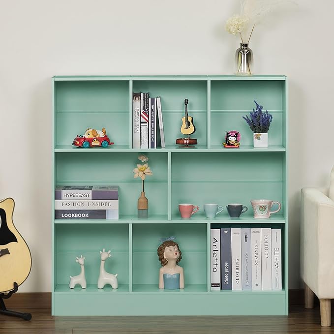 LEYAOYAO 8 Cube Bookshelf with Base,3 Tier Modern Mint-Green Kids Bookcase,Standing Wide Bookshelves Storage Organizer Toy Shelf,Wood Display Children's Book Shelves for Bedroom,Living Room,Nursery