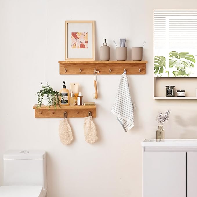 Oak Wood Wall Shelf with 6 Hooks, Entryway Shelf Coat Rack with Hooks Floating Shelves with Hooks for Clothes Hats Towel Purse Robes, Bathroom Mudroom Bedroom (27.5 inch)