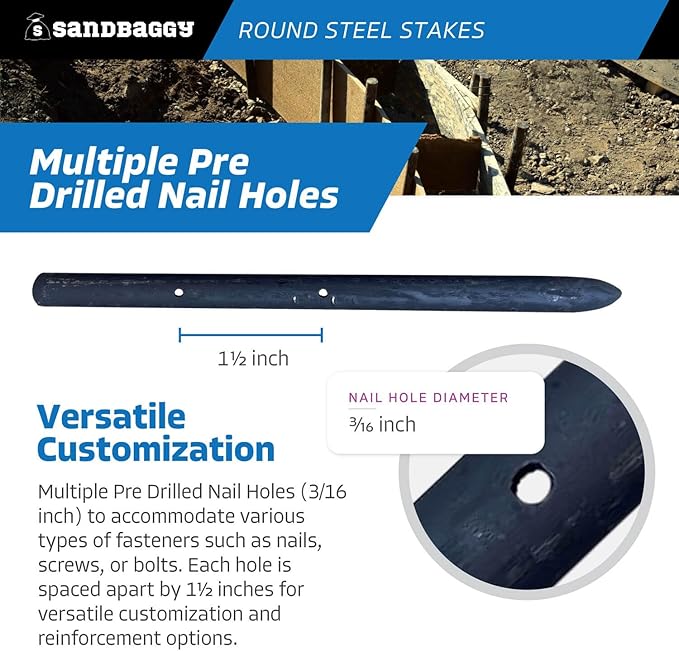 Sandbaggy Round Steel Concrete Form Stakes with Nail Holes - Rust Resistant Coating - Removable, Reusable (5, 3/4 in X 12 in)