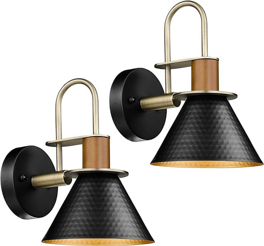 Modern Wall Sconces Set of Two, HWH Industrial Sconce Wall Lighting 1-Light, Gooseneck Barn Wall Vanity Light for Bedroom Kitchen, Hammered Metal Shade, Black and Gold Finish, 5HZG74B-2L BK+BG