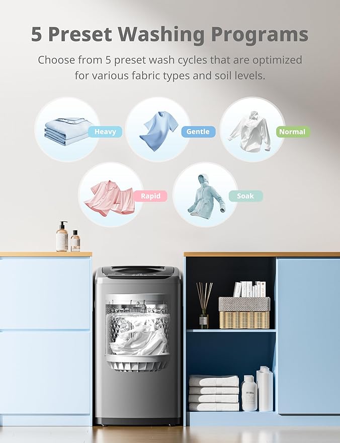 Comfee Portable Washing Machine, 0.9 cu.ft Compact Washer With LED Display, 5 Wash Cycles, 2 Built-in Rollers, Space Saving Full-Automatic Washer