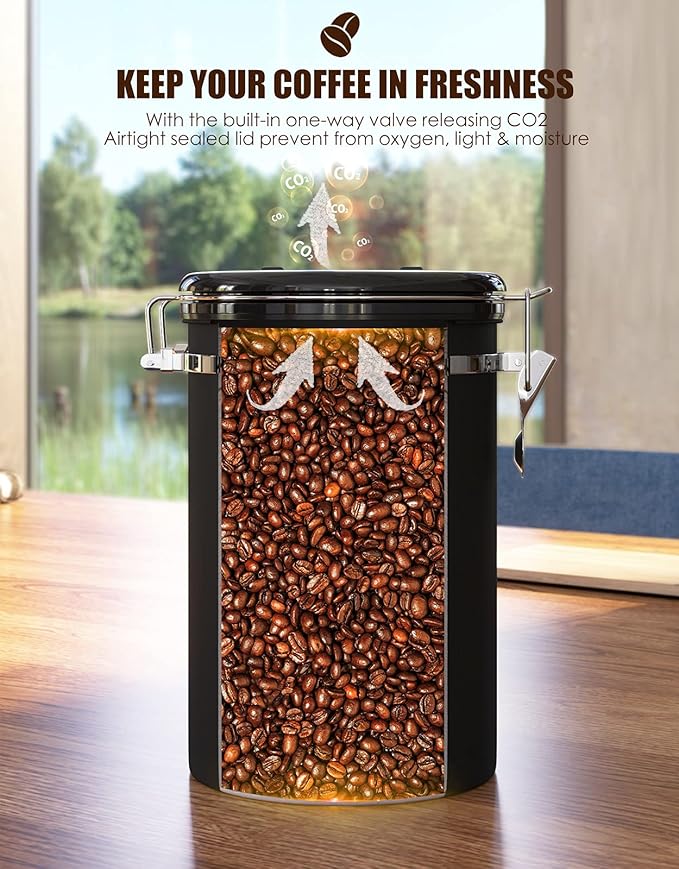 HAIOOU Airtight Coffee Canister, 16OZ Small Stainless Steel Coffee Bean Storage Container with Date Tracker, Measuring Scoop, CO2 Releasing Valves and Mini Tongs for Beans, Grounds and more - Black