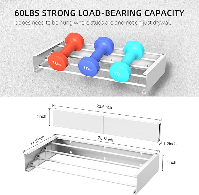 Laundry Drying Rack Collapsible, Wall Mounted Clothes Drying Rack, Space Saving Foldable Drying Rack for Laundry, 23.6" Wide, 11.2 Linear Ft, 4 Aluminum Rods, 60 lb Capacity