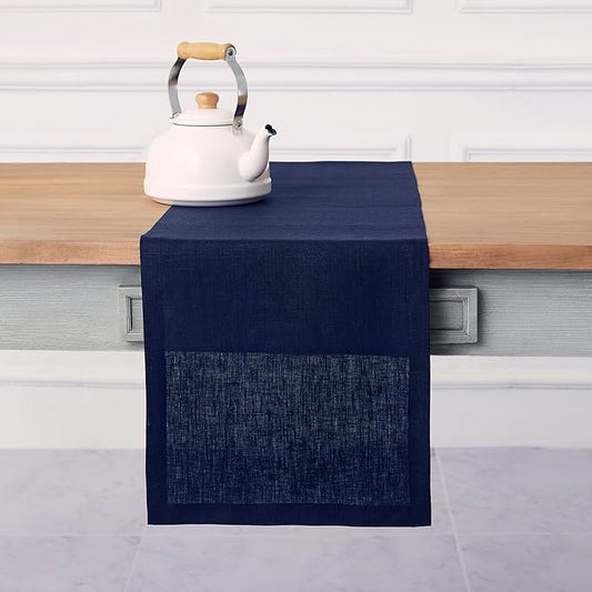 Solino Home Linen Navy Table Runner 60 Inches - 100% Pure Linen Short Table Runner 14 x 60 Inch Ideal for Dresser and Coffee Tables - Fall, Autumn, Thanksgiving - Fete