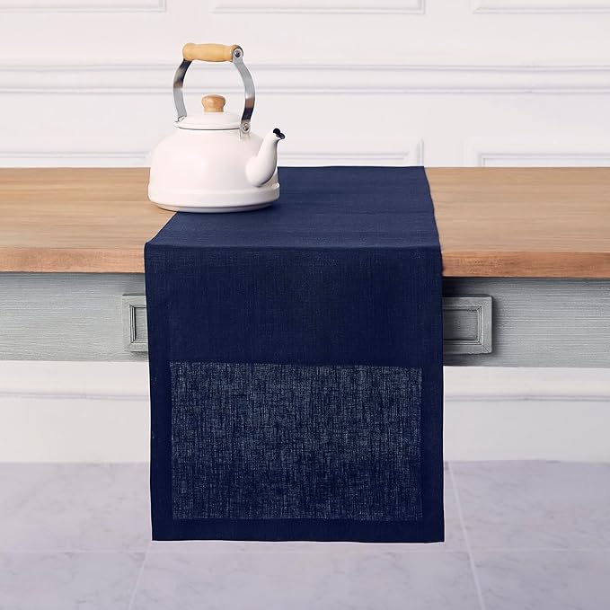 Solino Home Linen Navy Table Runner 36 Inches - 100% Pure Linen Small Table Runner 14 x 36 Inch Ideal for Dresser and Coffee Tables - Fall, Autumn, Thanksgiving - Fete