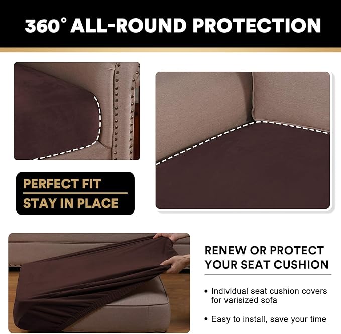 PrinceDeco Velvet Sofa Cushion Covers, Stretch Couch Cushion Covers for Individual Seat Couch Slipcover Sets Furniture Protector for Loveseat Sofa Cushion(Each Width Up to 29.5", Brown)