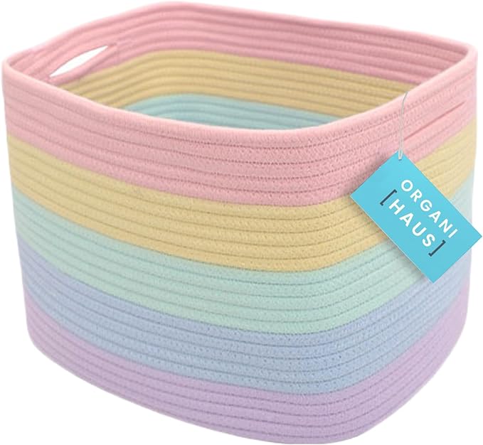 OrganiHaus Rainbow Woven Storage Baskets for Organizing, Cotton Rope Organizer Bins for Shelves, Closet & Nursery, Dog Toy Basket, Decorative Bins for Toys, Towels & Books - 15x10x9